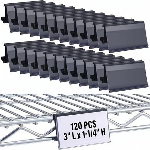 Fulmoon 120 Pcs Wire Shelf Label Holders Plastic Wire Rack Label Holder 3 L x 1.25 H Price Tag Shelf Clips on Compatible with Metro 1-1/4in Shelves, Black in Kuwait