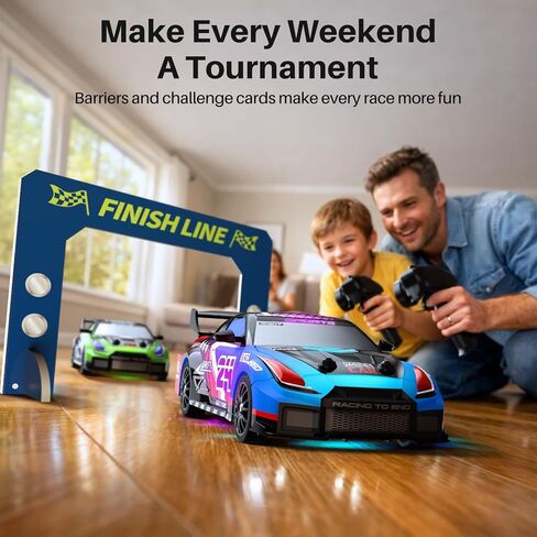 Geyiie 2 Pack RC Drift Cars, 1:24 Remote Control Car Set, Up to 70 Mins Per Car, LED Lights, Mini Track Barriers & Challenge Cards, 2 Player Indoor Gift for Boys & Girls in Kuwait
