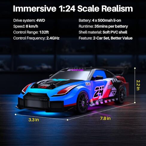 Geyiie 2 Pack RC Drift Cars, 1:24 Remote Control Car Set, Up to 70 Mins Per Car, LED Lights, Mini Track Barriers & Challenge Cards, 2 Player Indoor Gift for Boys & Girls in Kuwait