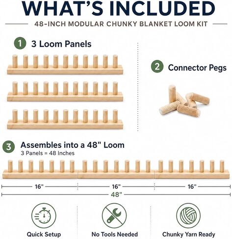 FVUILH Chunky Blanket Loom Kit for DIY Throw Blankets, 48'' Adjustable Solid Wood Hand Knitting Tool for Chunky Yarn, Beginner Friendly Craft Board, No Needles Required in Kuwait