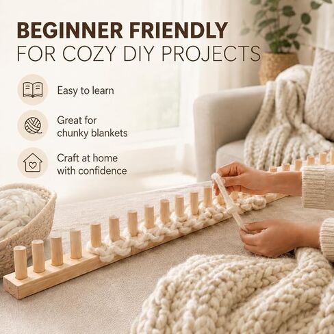 FVUILH Chunky Blanket Loom Kit for DIY Throw Blankets, 48'' Adjustable Solid Wood Hand Knitting Tool for Chunky Yarn, Beginner Friendly Craft Board, No Needles Required in Kuwait