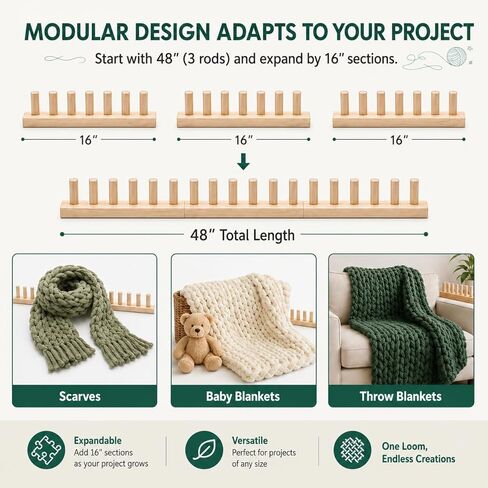FVUILH Chunky Blanket Loom Kit for DIY Throw Blankets, 48'' Adjustable Solid Wood Hand Knitting Tool for Chunky Yarn, Beginner Friendly Craft Board, No Needles Required in Kuwait