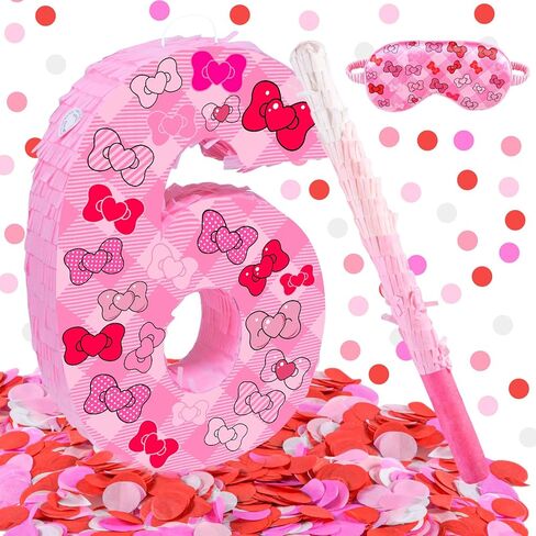 Pink Bow 5th Birthday Decorations, 15.75inch Bow Number 5 Piñata with Blindfold Stick and Confetti for Pink Bow Birthday Party Supplies (5) in Saudi Arabia