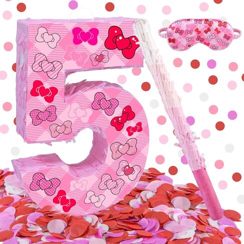 Pink Bow 5th Birthday Decorations, 15.75inch Bow Number 5 Piñata with Blindfold Stick and Confetti for Pink Bow Birthday Party Supplies (5) in Saudi Arabia