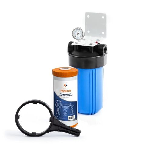 Aquaboon 10x4.5 Whole House Water Filter Housing - Big Water Filter Housing & String Wound Sediment Filter Cartridge - Well Water Filter System for House w/Wrench, Bracket & Pressure Gauge & Release in Kuwait