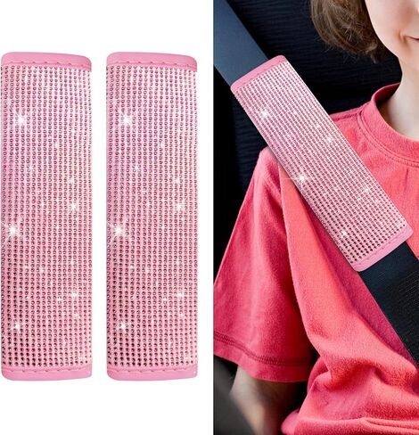 2PCS Bling Seat Belt Covers, Seat Belt Cover Pad, Crystal Diamond Car Seatbelt Cushion for Women, Automotive Interior Shoulder Neck Harness Protector Accessories for Car Truck SUV (Pink/Pink) in Kuwait