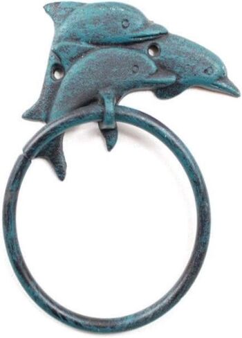 Seaworn Blue Cast Iron Dolphins Towel Holder 7" - Sea Life Decor - Beach Theme in Kuwait
