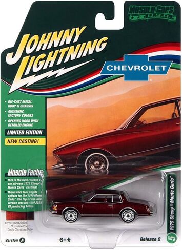 1979 تشيفي مونتي كارلو كارمين ريد ميت. مع خطوط بيضاء من سيارات العضلات USA Series LTd Ed 1/64 Diecast Model Car من Johnny Lightning JLMC030-JLSP249 A in Kuwait