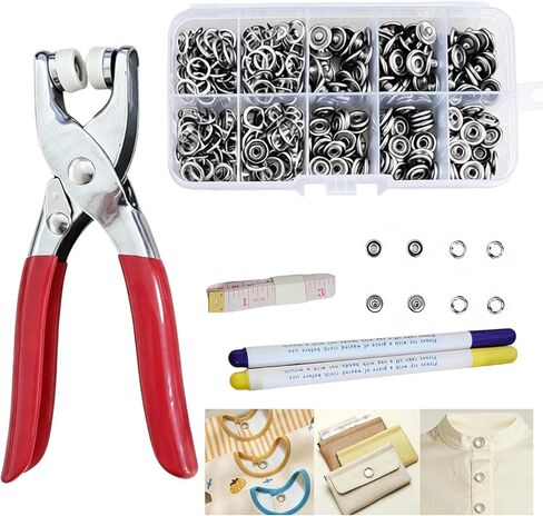 Snap Button Pliers Kit with 100Pcs Silver Buttons, Tape Measure & Markers, No-Sew Fastener Tool for Sewing, Leather, DIY Projects in Kuwait