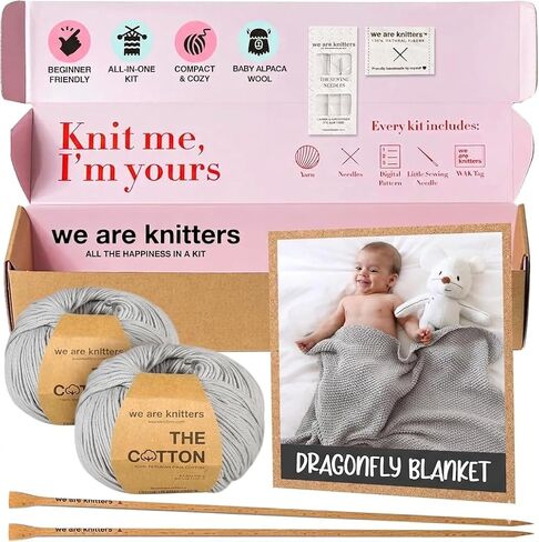We Are Knitters Blanket Knitting Kit for Beginners – DIY Cotton Throw Starter Set with Knitting Needles, Sewing Needle, Textile Label & Step-by-Step Instructions, Pearl Grey in Kuwait