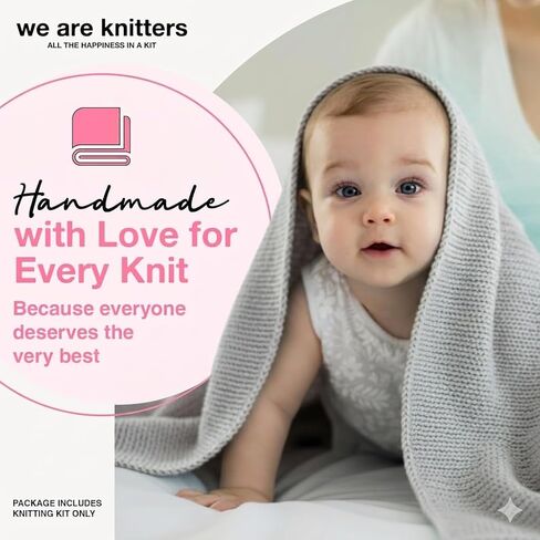 We Are Knitters Blanket Knitting Kit for Beginners – DIY Cotton Throw Starter Set with Knitting Needles, Sewing Needle, Textile Label & Step-by-Step Instructions, Pearl Grey in Kuwait