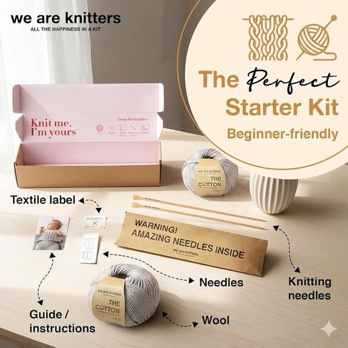 We Are Knitters Blanket Knitting Kit for Beginners – DIY Cotton Throw Starter Set with Knitting Needles, Sewing Needle, Textile Label & Step-by-Step Instructions, Pearl Grey in Kuwait