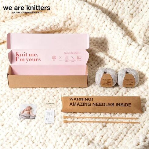 We Are Knitters Blanket Knitting Kit for Beginners – DIY Cotton Throw Starter Set with Knitting Needles, Sewing Needle, Textile Label & Step-by-Step Instructions, Pearl Grey in Kuwait