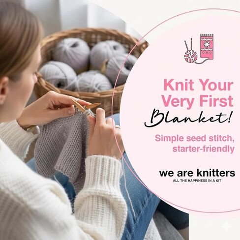 We Are Knitters Blanket Knitting Kit for Beginners – DIY Cotton Throw Starter Set with Knitting Needles, Sewing Needle, Textile Label & Step-by-Step Instructions, Pearl Grey in Kuwait