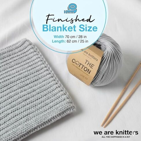 We Are Knitters Blanket Knitting Kit for Beginners – DIY Cotton Throw Starter Set with Knitting Needles, Sewing Needle, Textile Label & Step-by-Step Instructions, Pearl Grey in Kuwait