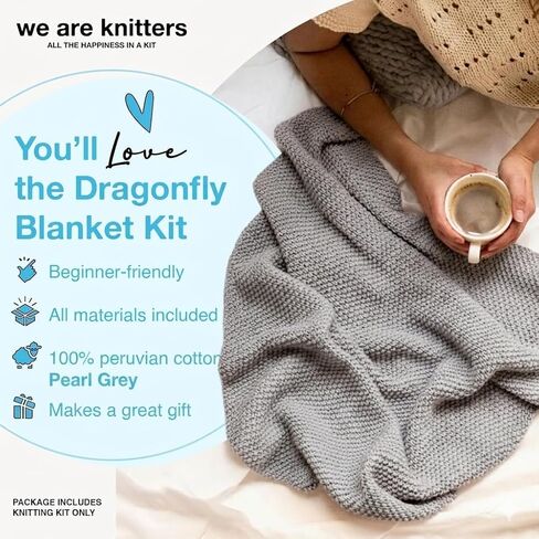 We Are Knitters Blanket Knitting Kit for Beginners – DIY Cotton Throw Starter Set with Knitting Needles, Sewing Needle, Textile Label & Step-by-Step Instructions, Pearl Grey in Kuwait