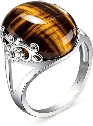 Genuine Yellow Tiger Eye Stone Ring for Women Girls,S925 Sterling Silver Edged with Flower Vine Genuine Quartz Crystal Gemstone Turkish Ring Jewelry Gift for Her in Saudi Arabia