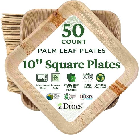 Dtocs Palm Leaf Plates 10 Inch Square 50 Pack Dinner Plate | Bamboo Plate Disposable Like Compostable Plates, Charcuterie Board, Cheese Platter | Wedding Plate Set Sturdy than 10" Paper Plates in Saudi Arabia