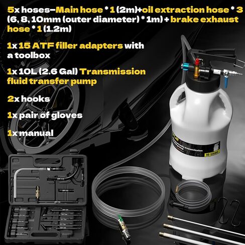 KJE 10L Transmission Fluid Pump and Oil Extractor Tool Kit, Pneumatic Transmission Fluid Pump, 2-Way Vacuum Fluid Evacuator Kit with 15 PCS ATF Filler Adapters and 5 Hoses for Automotive Use in Kuwait