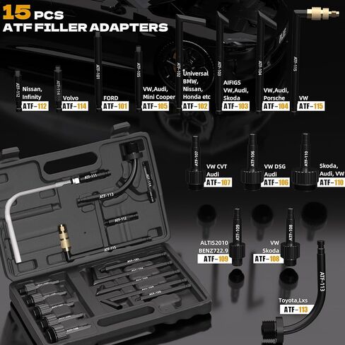KJE 10L Transmission Fluid Pump and Oil Extractor Tool Kit, Pneumatic Transmission Fluid Pump, 2-Way Vacuum Fluid Evacuator Kit with 15 PCS ATF Filler Adapters and 5 Hoses for Automotive Use in Kuwait