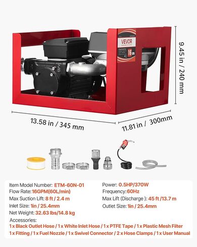 VEVOR Fuel Transfer Pump 110V, 16 GPM 60 L/min, AC Electric Oil Transfer Pump for Diesel Kerosene Biodiesel, with Meter, Auto Fuel Nozzle & 2 Hoses, 45 ft/13.7 m Lift, for Vehicles, Construction Sites in Kuwait