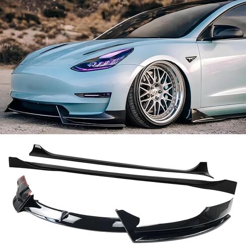 طقم تنانير جانبية مقسمة للشفاه الأمامية لسيارة Tesla Model 3 2017-2023، موديل 3 مصد الشفاه الأمامي، ملحقات تنورة جانبية موديل 3 لعام 2017 2018 2019 2020 2021 2022 2023 (أسود لامع) in Kuwait