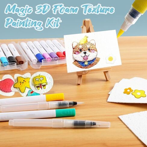 Kzictrs Magic Puffy Paint Kit, 3D Drawing Magic Canvas Sponge, Puffy Popcorn Drawing Texture Painting Kit, DIY Bubble Pens Kit for Painting,Art,Craft Supplies (Square) in Kuwait