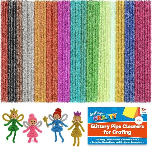 Glitter Pipe Cleaners for Crafts, 300 Pack 15 Assorted Colors, Glittery Chenille Stems, DIY Art Supplies Pipe Cleaners for Decorations, Creative Projects, Party Favors (6 mm x 12 Inch) in Kuwait