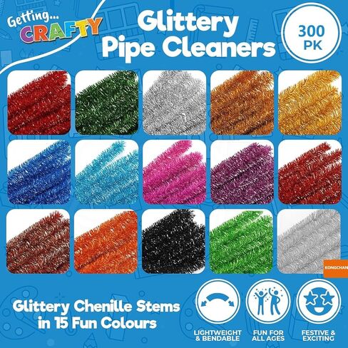 Glitter Pipe Cleaners for Crafts, 300 Pack 15 Assorted Colors, Glittery Chenille Stems, DIY Art Supplies Pipe Cleaners for Decorations, Creative Projects, Party Favors (6 mm x 12 Inch) in Kuwait