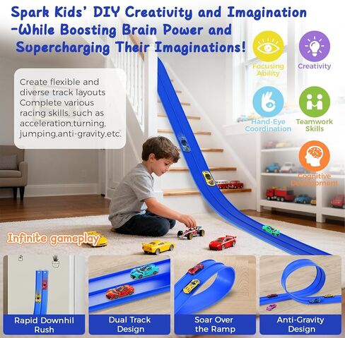 Flexible Race Track Toys for Kids – 15ft Roll-Up Car Racetrack with Suction Cups | Portable DIY Road Playset Compatible with 1:64 Scale Diecast Cars | Christmas Birthday Gifts for Boys & Girls Aged 3+ in Saudi Arabia