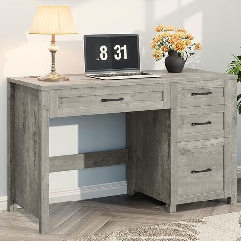 Halitaa Farmhouse 47" Executive Desk, Computer Desk with File Drawer and Charging Station, Workstation for Home Office, Study.Grey in Kuwait