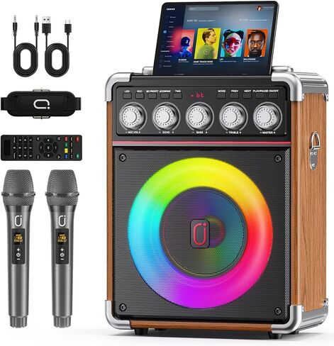 Karaoke Machine for Adults Kids, Portable Outdoor Bluetooth Speaker with 2 Wireless UHF Microphones Supports PA System,Remote Control, DJ Light, TF Card/USB/AUX/, TWS, Bass/Treble for Party TX05 in Saudi Arabia