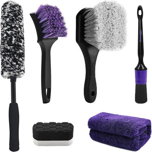 YeewayVeh Pro Tire Cleaning Brush, Stiff Mixed Bristles Tire Cleaner, Short Handle Scrub Brush for Cleaning Sidewalls, Rubber Mats & Wheels, Anti-Deformation Tyre Detailing Tool, Purple/Black in Kuwait