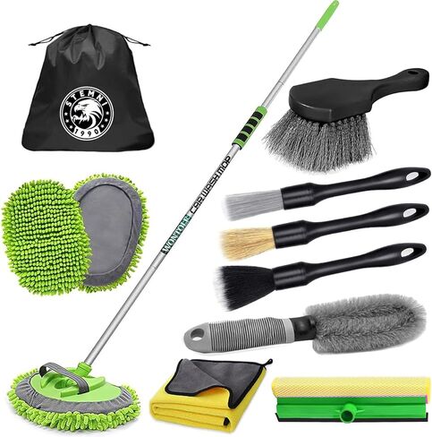 14Pcs Car Wash Kit, 62'' Car Wash Brush with Long Handle, Microfiber Scratch-Free Carwash Brush Mop Mitt Kit Car Car Washing Supplies Cleaning Kit for Cars RV SUV Truck Boat Green in Kuwait
