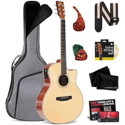 Pyle Beginner Acoustic Guitar Kit, 1/2 Junior Size All Wood Build Nylon String Instrument with Capo, Gig Bag, Strap, Extra String Set, Guitars for Beginners Adults and Youth, 34" Natural Gloss in Saudi Arabia