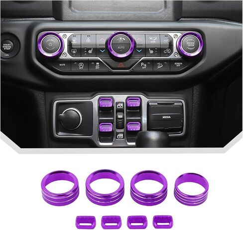 JeCar 8-Piece Aluminum Switch Button Knob Covers for 2018-2025+ Jeep Wrangler JL JLU & Gladiator JT Window Switch Button Cover, Radio, Air Conditioner, Headlight Switch Knob Cover (Purple) in Kuwait