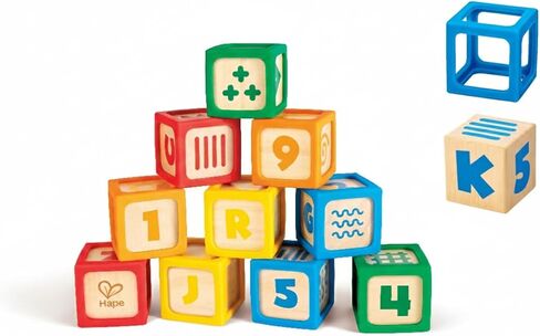 Hape Grip-n-Stack 10-Piece Wooden Building Blocks with Silicone Edges - Educational Alphabet & Number Stacking Toy for Toddlers and Babies - Fine Motor Skills & Sensory Play Set in Kuwait