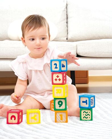Hape Grip-n-Stack 10-Piece Wooden Building Blocks with Silicone Edges - Educational Alphabet & Number Stacking Toy for Toddlers and Babies - Fine Motor Skills & Sensory Play Set in Kuwait