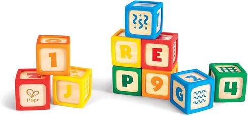 Hape Grip-n-Stack 10-Piece Wooden Building Blocks with Silicone Edges - Educational Alphabet & Number Stacking Toy for Toddlers and Babies - Fine Motor Skills & Sensory Play Set in Kuwait