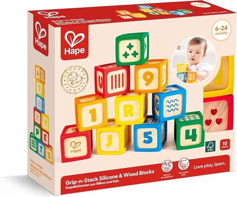 Hape Grip-n-Stack 10-Piece Wooden Building Blocks with Silicone Edges - Educational Alphabet & Number Stacking Toy for Toddlers and Babies - Fine Motor Skills & Sensory Play Set in Kuwait