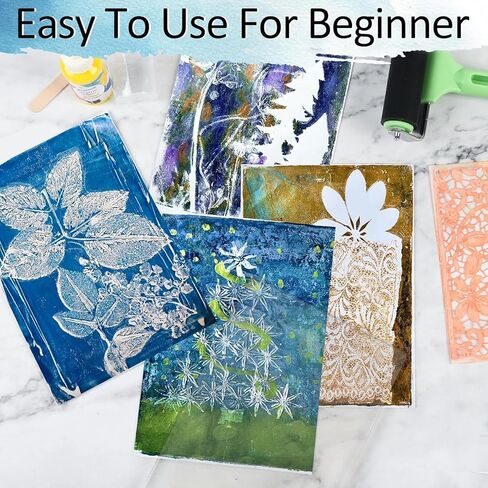 Aiacmea Reusable Gel Printing Plate Kit with 3 Shapes of 2.95" Gel Plates, Paint Brushes, Templates & Wooden Frame | Easy Clean & Transfer for DIY Printmaking, Art, Card Making, Scrapbooking in Kuwait