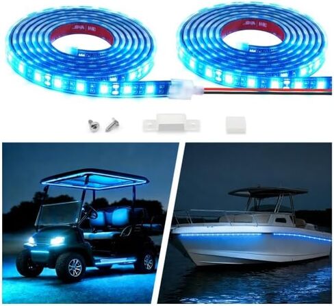 شريط إضاءة LED للقوارب البحرية 12 فولت فائق السطوع، 2 حزمة 4FT IP68 مصابيح غطاء أمامي RV مقاومة للماء بالكامل، شريط أضواء سقف لعربة الجولف لشاحنة ATV UTV SUV مقطورة بيك اب للسيارة، قابل للقص، أزرق in Kuwait
