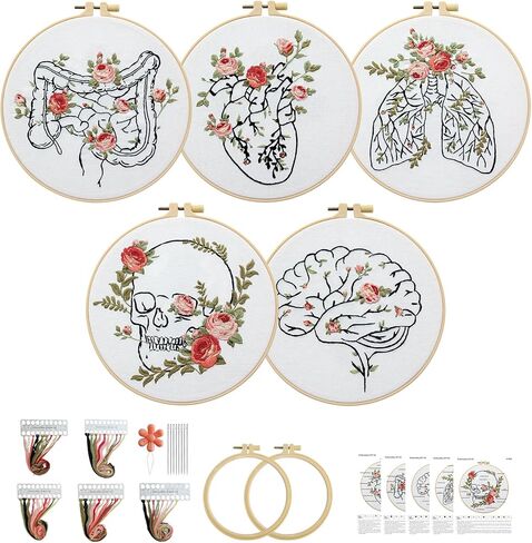 5 Sets Skull Embroidery Kits for Beginners Adults, Anatomy Embroidery Starter Kit for Doctors Nurses Christmas Gifts with Floral Stamped Pattern DIY Needlepoint Kit Cross Stitch Set Includes 2 Hoops in Saudi Arabia