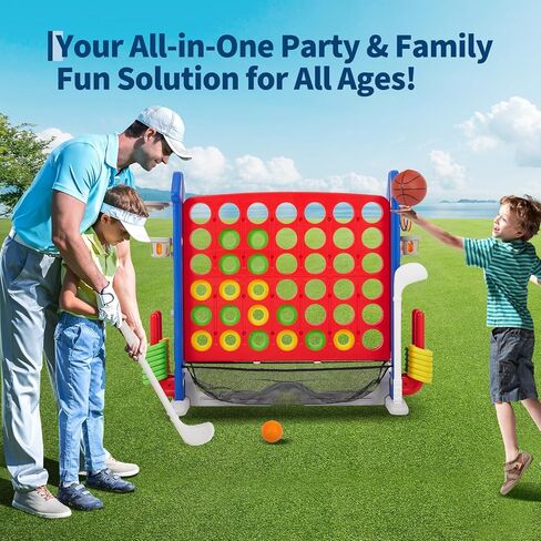 OUTLANE Giant 4-in-a-Row Connect Game, 3.5FT Height Adjustable Jumbo 4-to-Score Floor Game Set with Golf, Basketball & Ring Toss, Indoor Outdoor Yard Game for Kids, Adults & Family Holiday Party in Kuwait