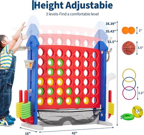 OUTLANE Giant 4-in-a-Row Connect Game, 3.5FT Height Adjustable Jumbo 4-to-Score Floor Game Set with Golf, Basketball & Ring Toss, Indoor Outdoor Yard Game for Kids, Adults & Family Holiday Party in Kuwait