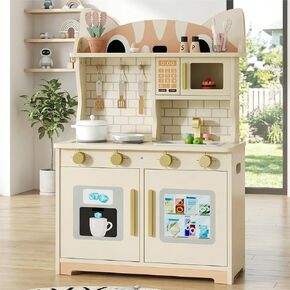 Wooden Play Kitchen Set for Kids Ages 3-8, Cat Design Pretend Playset with Microwave, Stove, Sink & Faucet, Clicking Knobs, Icemaker Stickers, Storage, Learning Toy for Toddlers Boys Girls, Pink in Kuwait