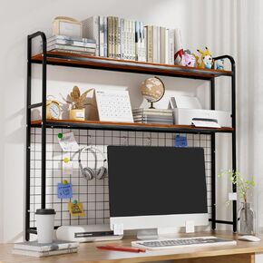Desk Shelf, 2-Tier Desktop Hutch Bookshelf with Grid Panel, Metal Table Top Bookcase for Computer, Freestanding Countertop Storage Organizer Rack for Dorm, Office & Home, White, 45.3" W in Saudi Arabia