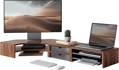 Fenge Dual Monitor Stand, 2-Tier Corner Monitor Riser with Drawer and Slide-out Tray, Triangle Desktop Shelf Organizer for Laptop Computer Printer Home Office Desk, Brown in Kuwait