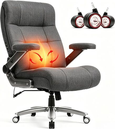 600LBS Big and Tall Office Chair, Extra Wide Seat - 3D Kneading Massage & Heat Office Chair with Heavy Duty for People, 3D Flip Arms, Fabric Ergonomic with Thick Spring Cushion in Kuwait