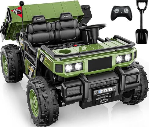 ARBELI 24V 2-Seater Ride On Dump Truck مع سرير تفريغ كهربائي، 4X100W محركات قوية، تصل إلى 4.5 ميل في الساعة، مقعد واسع 20 بوصة، جهاز تحكم عن بعد، مجرفة، صندوق أدوات، 24 فولت ركوب على ألعاب للأولاد والبنات الذين تتراوح أعمارهم بين 3-8، أخضر in Kuwait